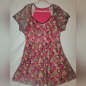 Floral Pink Dress with Sheer Sleeves